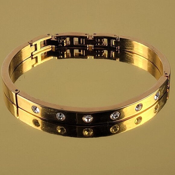 Vtg. Anne Klein Gold Tone Clear Crystal Hinged Bangle Bracelet 7" - Picture 1 of 6
